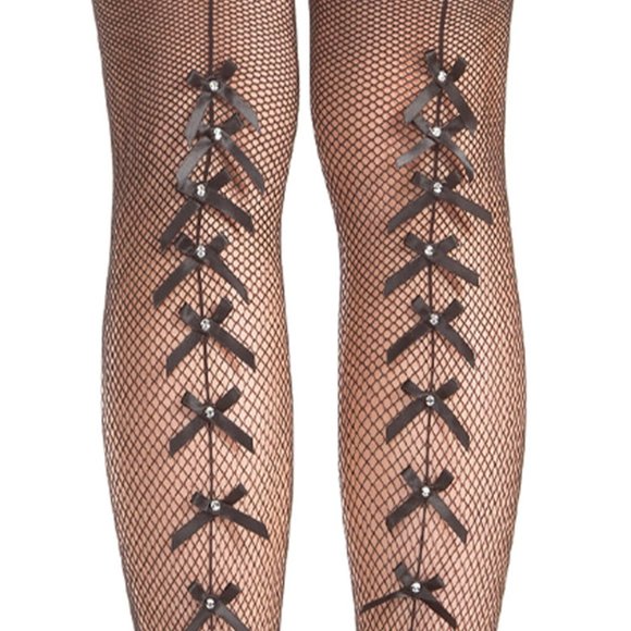 Fishnet Thigh Highs with Bows Back Seam and Rhinestones - Picture 3 of 4